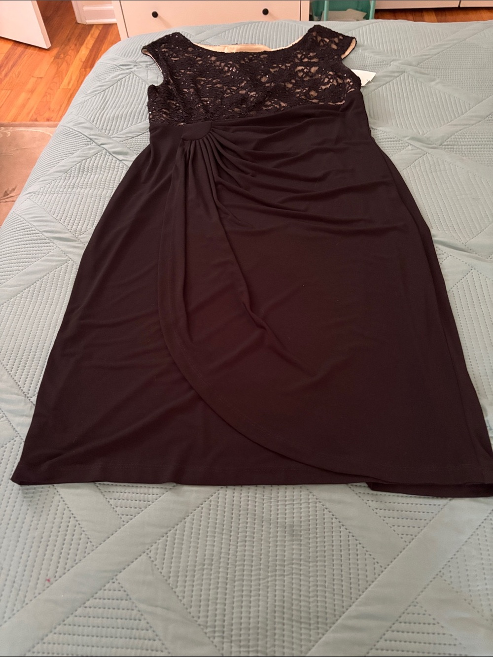 Black Lace-Top Midi Skirted Dress with Draped Front